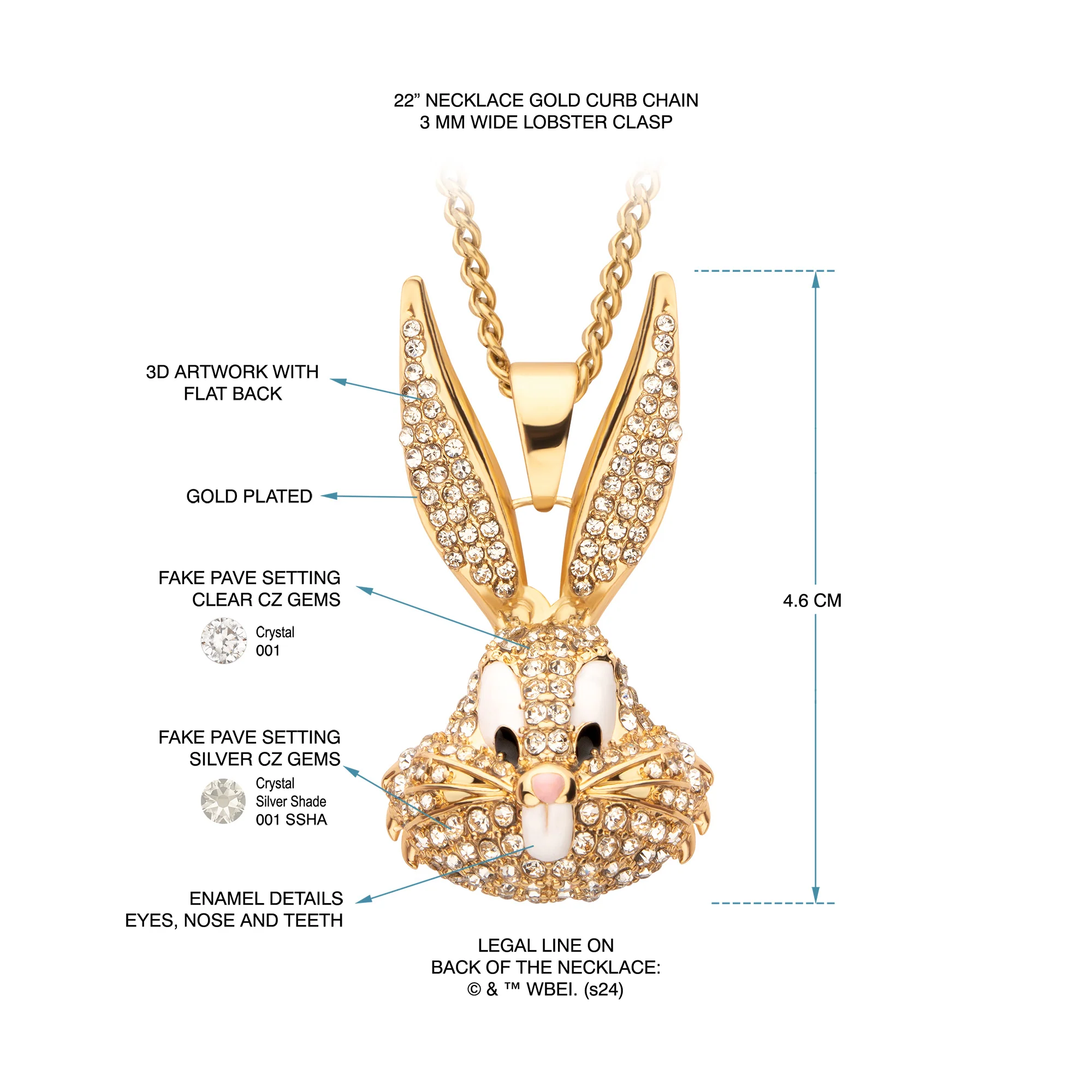 Looney Tunes Bugs Bunny Crystal Gold Plated Bling Pendant Necklace - Image 5