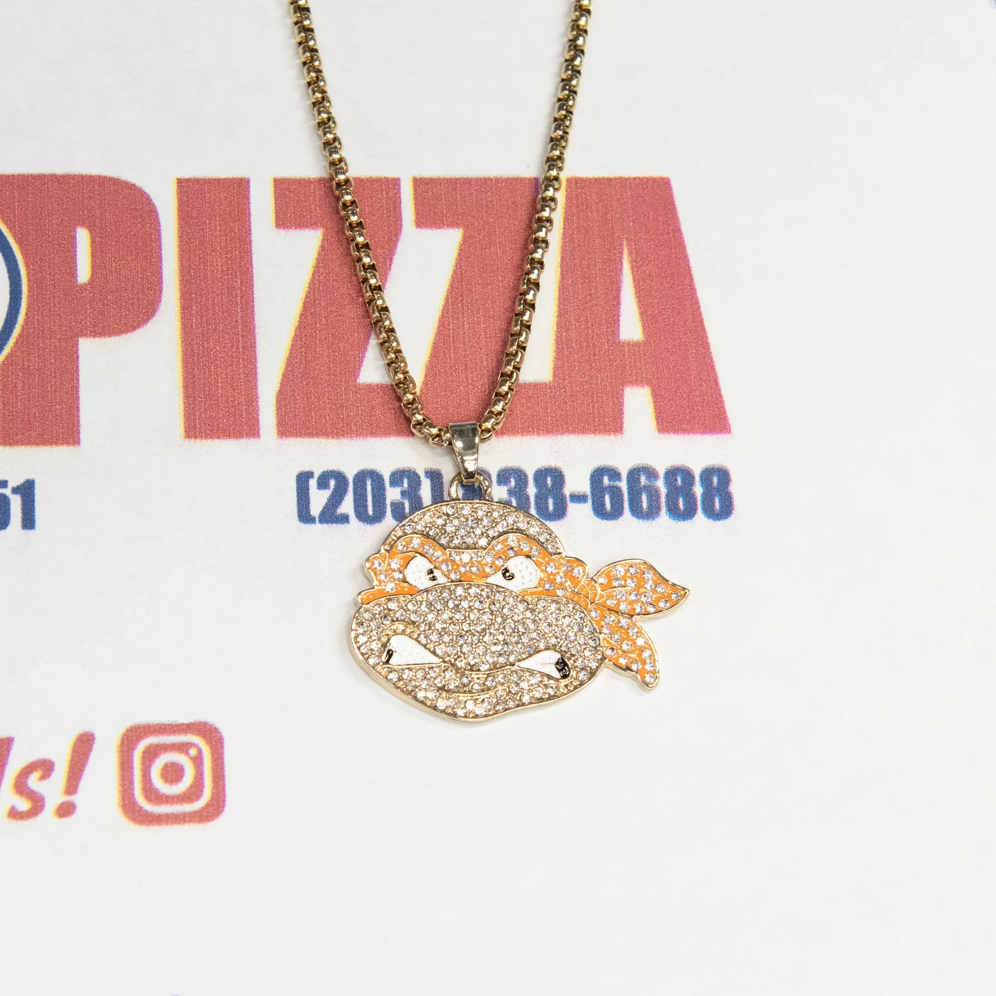 Base Metal Gold Plated Teenage Mutant Ninja Turtles Michael Angelo Bling Pendant Necklace - Image 5
