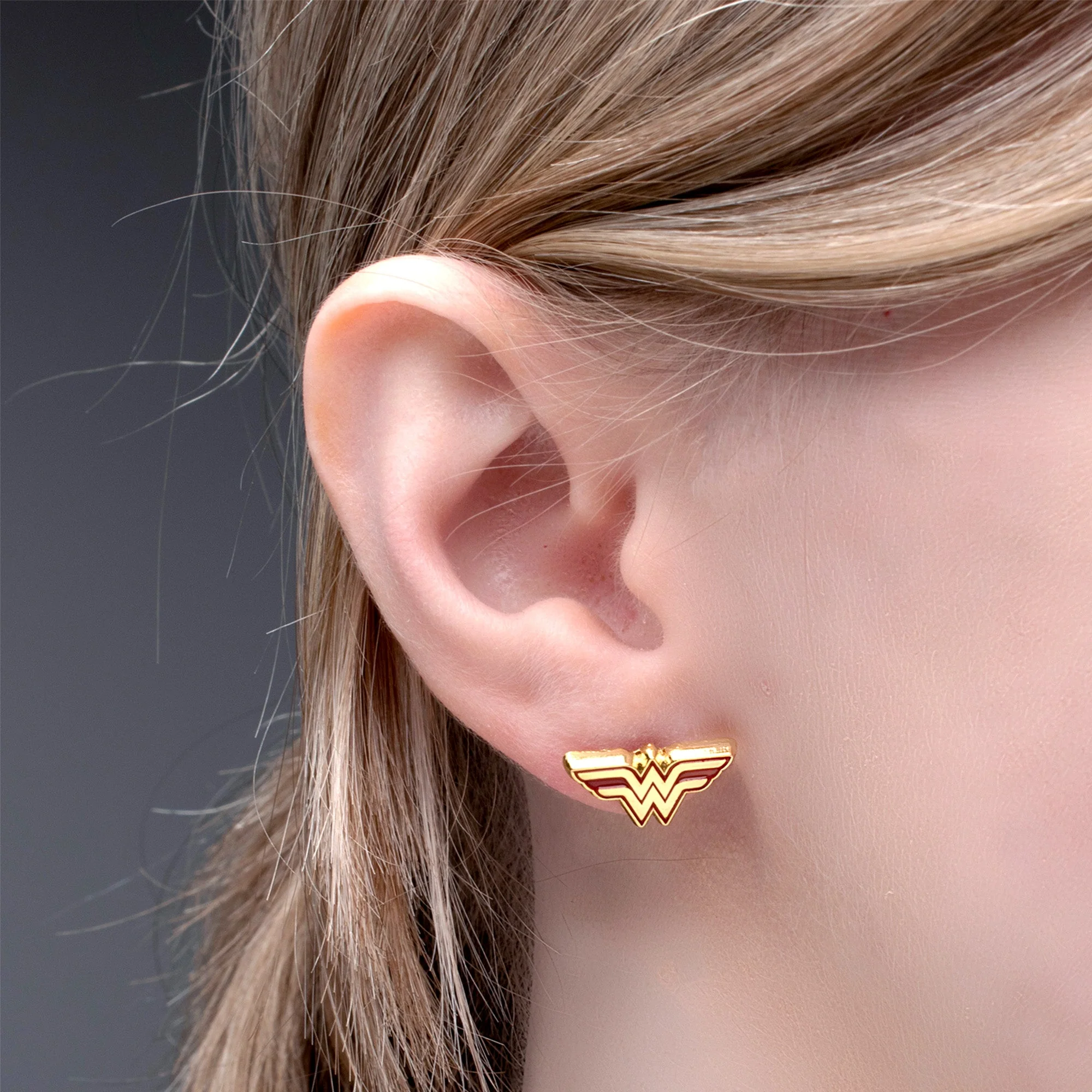 DC Comics Red/Gold Wonder Woman Logo Stud Earrings - Image 3