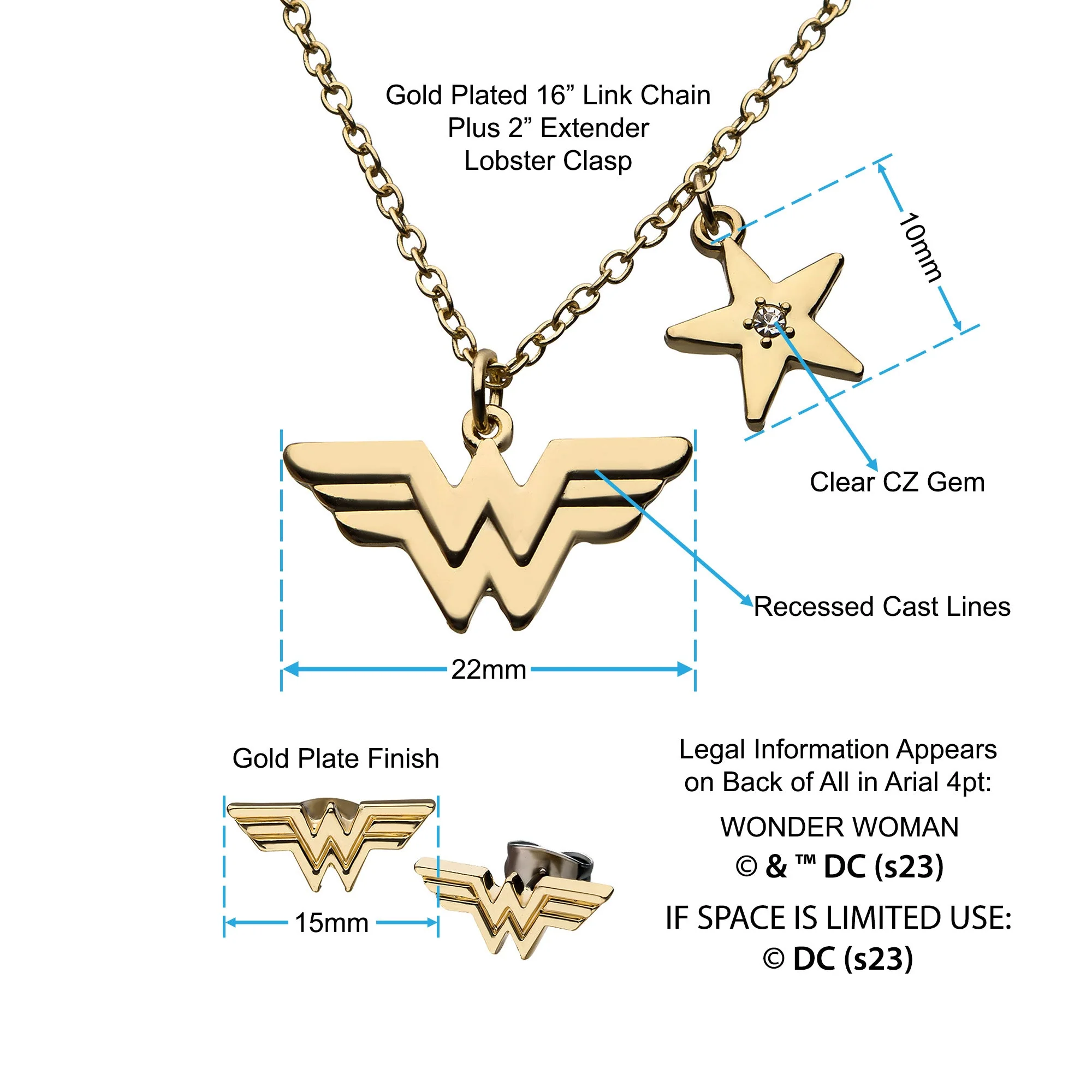 DC Comics Wonder Woman Stud Earrings & Pendant Necklace Set - Image 4