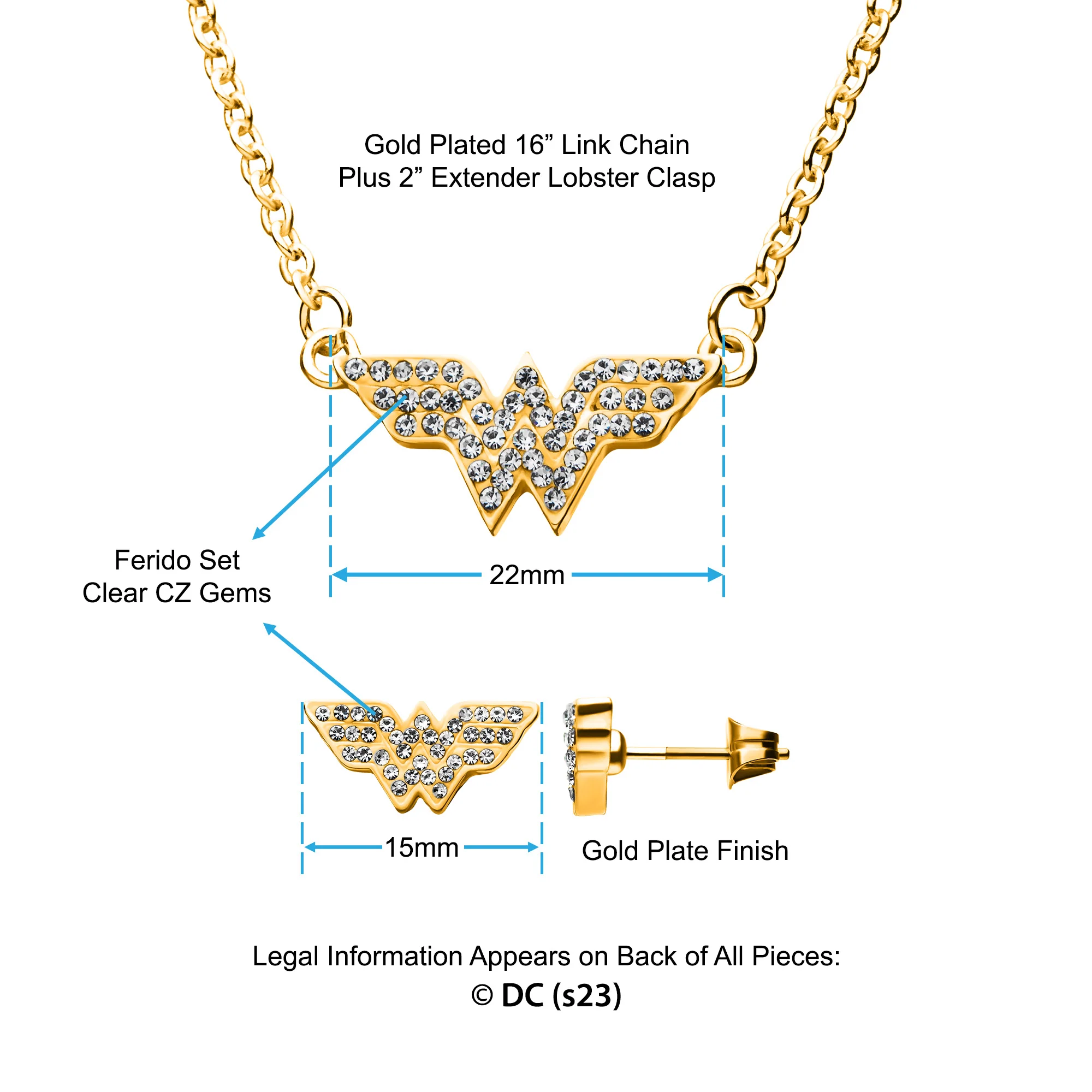 DC Comics Wonder Woman Stud Earrings & Pendant Necklace Gem Set - Image 3